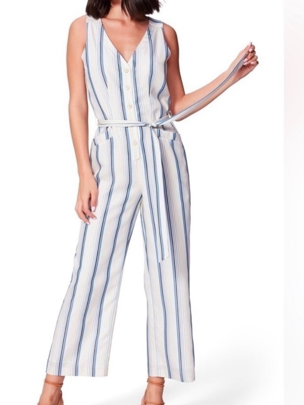 PAIGE Striped Sleeveless V-Neck Jumpsuit in White and Blue